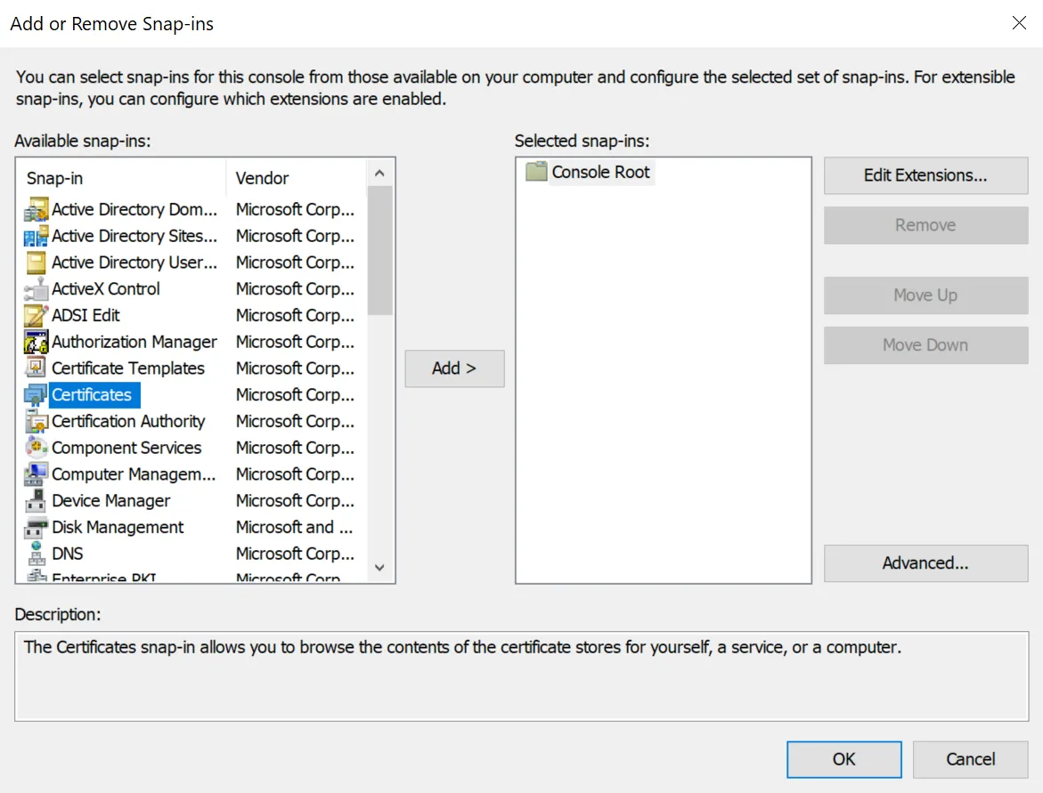 Adding Certificates as a Snap-in