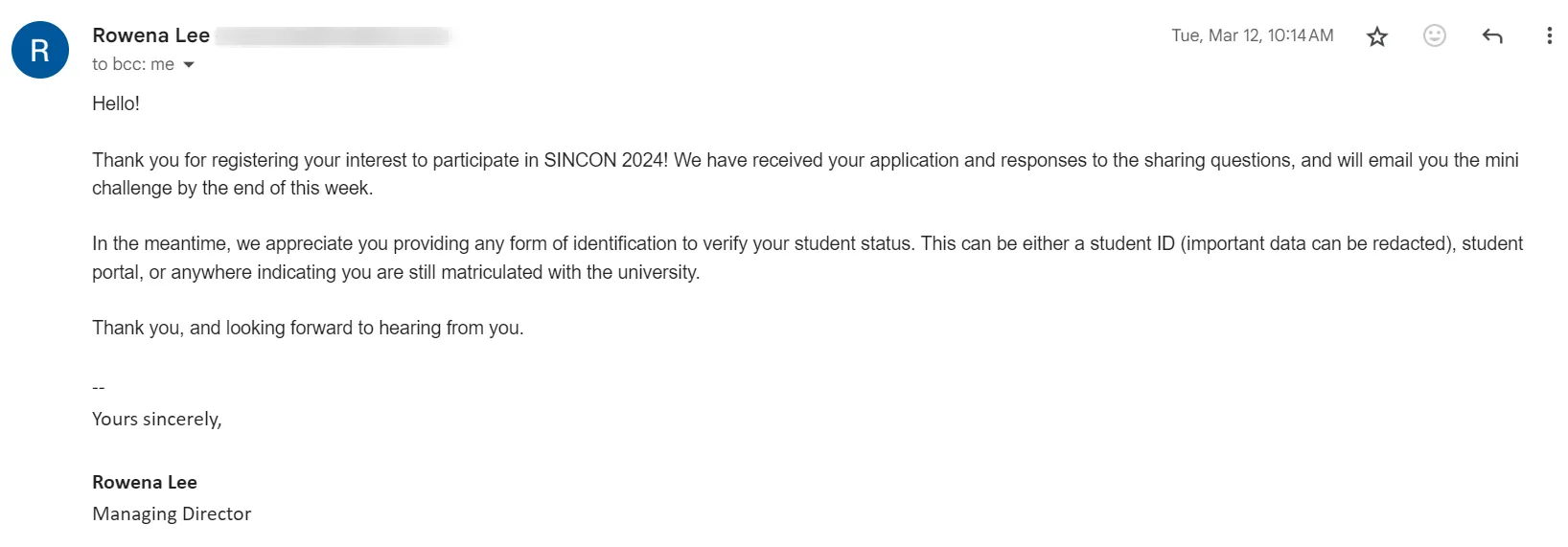 Image of the email acknowledging my application