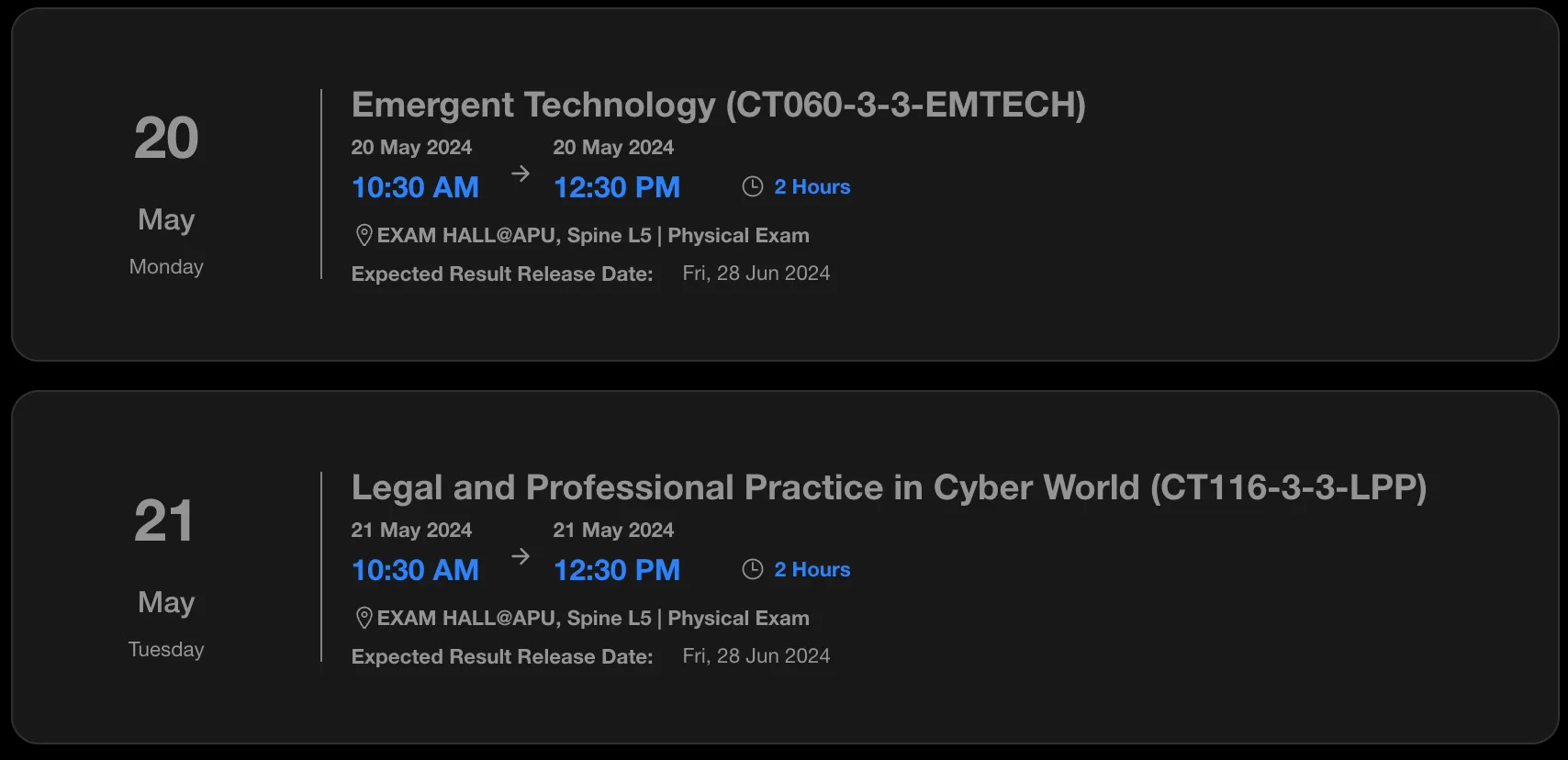 Image of my exam schedule