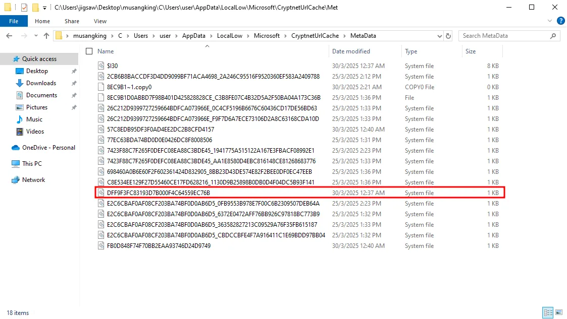 Image of a suspicious file’s metadata
