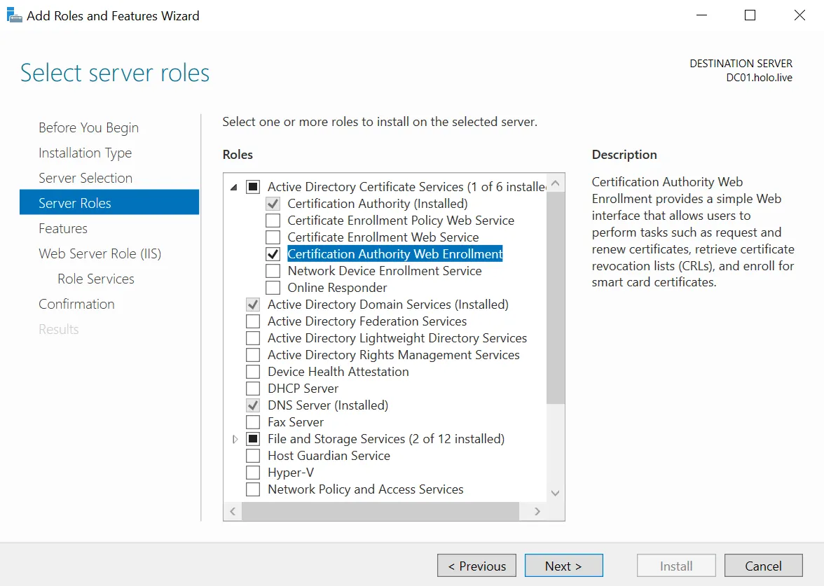 Adding Certificate Authority Web Enrolment Server Role
