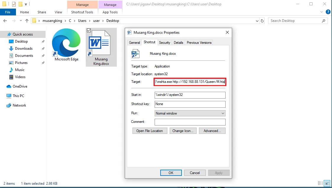 Image of the contents of the LNK file