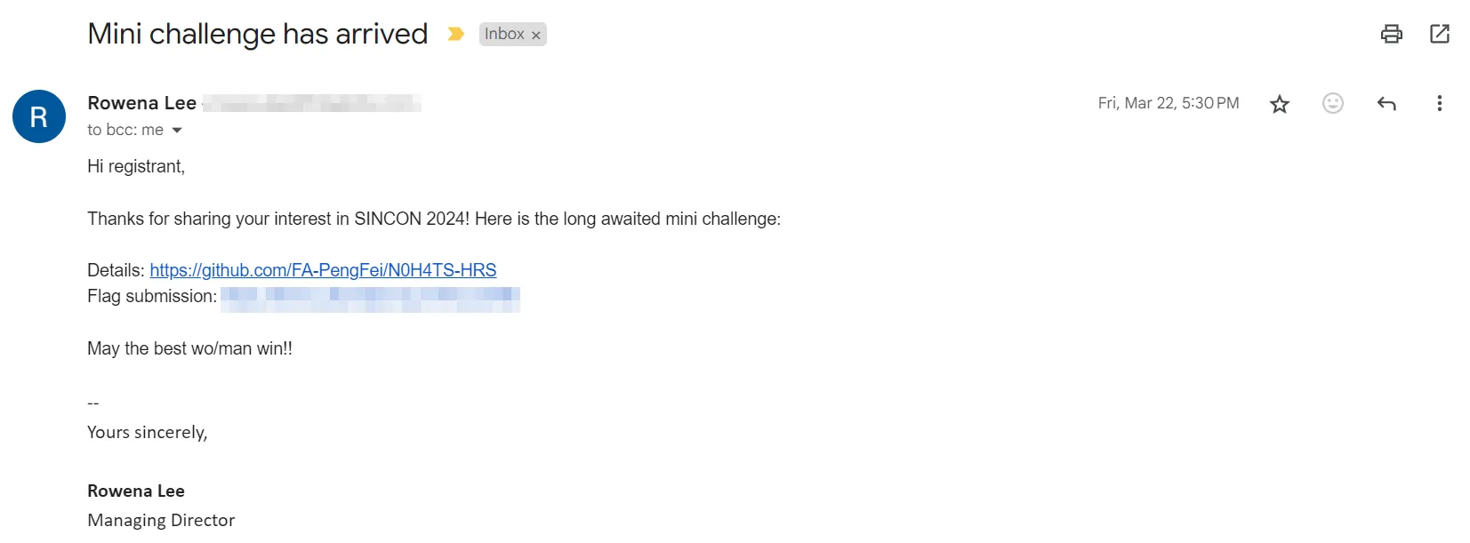 Image of the email providing the link to the mini challenge