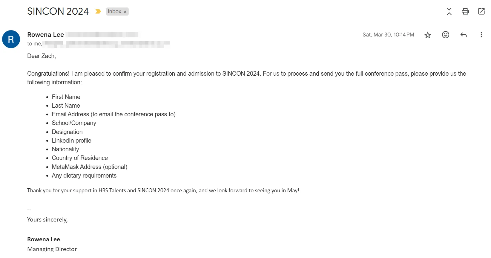 Image of the email accepting my application