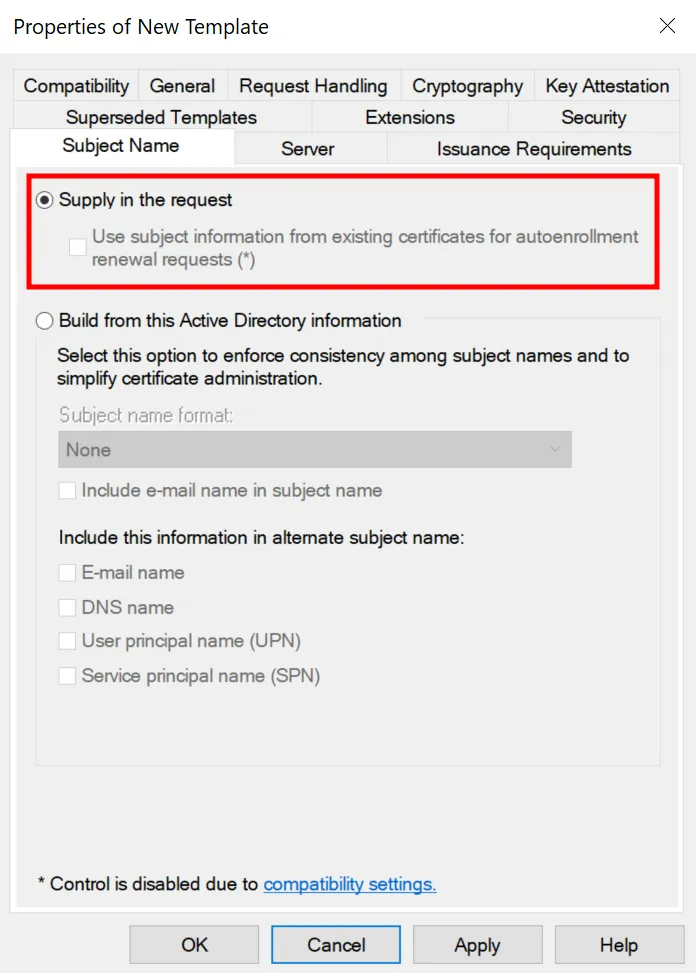 Configuring Certificate Template to Accept SAN